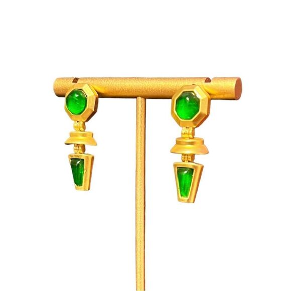 ⭐️3/$25⭐️ Gold Tone Green Glass Cabochon Dangle Earrings Sterling Silver Posts - Picture 4 of 5
